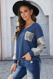 Blue V Neck Knit Top with Silver Sequins