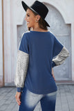 Blue V Neck Knit Top with Silver Sequins