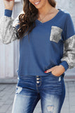 Blue V Neck Knit Top with Silver Sequins