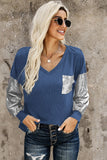 Blue V Neck Knit Top with Silver Sequins