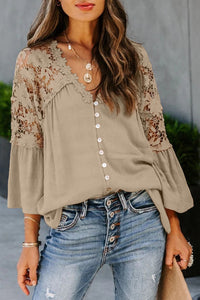 Floral Shoulder Flare Sleeve Button Blouse Apricot - Mystique-Online