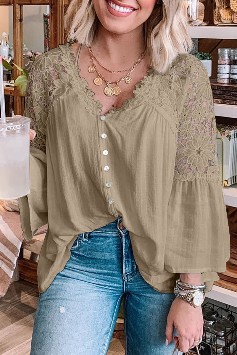 Floral Shoulder Flare Sleeve Button Blouse Apricot – Mystique-Online