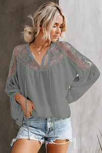 Grey Lace Shoulder Long Sleeve Blouse - Mystique-Online