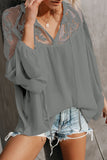 Grey Lace Shoulder Long Sleeve Blouse - Mystique-Online