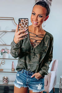 Green Camo Crisscross V Neck Top - Mystique-Online