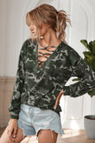 Green Camo Crisscross V Neck Top - Mystique-Online