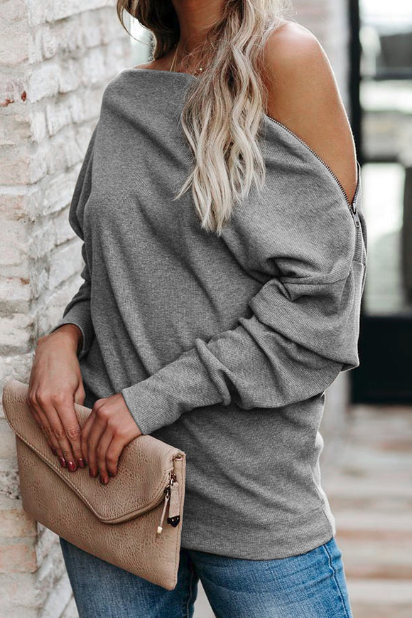 Grey Ribbed Off Shoulder Zip Knit Top - Mystique-Online