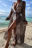 Sheer Maxi Long Sleeve Beach Cover Up in Leopard Print