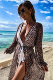 Sheer Maxi Long Sleeve Beach Cover Up in Leopard Print