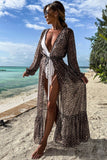 Sheer Maxi Long Sleeve Beach Cover Up in Leopard Print