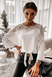 White Bell Sleeve Lace Blouse with Tie Knot - Mystique-Online