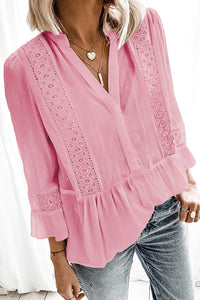 Pink Chiffon 3/4 Sleeve Ruffled Hem Blouse