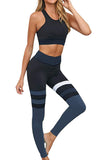 Blue Striped High Waisted Leggings and Tank Top Activewear - Mystique-Online