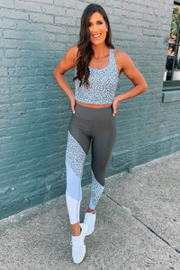 Grey Tank Top and Leggings Active Wear with Leopard Colourblock - Mystique-Online