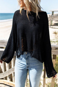 Black Ripped Crop Knit Pullover Sweater - Mystique-Online