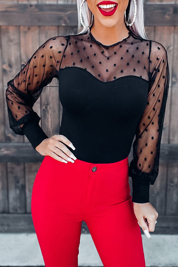 Black Long Sleeve Polka Dot Bodysuit