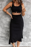 Black Ribbed Criss Cross Midi Dress