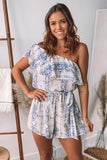 Page Sky Blue Ruffle snake print one off shoulder romper - Mystique-Online