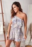 Page Sky Blue Ruffle snake print one off shoulder romper - Mystique-Online