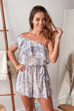 Page Sky Blue Ruffle snake print one off shoulder romper - Mystique-Online