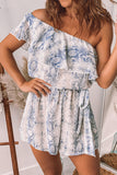 Page Sky Blue Ruffle snake print one off shoulder romper - Mystique-Online