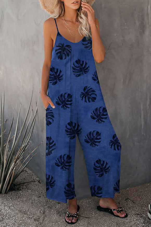 Blue Palm Print Casual Wide Leg Jumpsuit - Mystique-Online