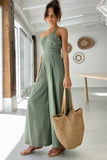 Green Hollow Back Asymmetric wide leg jumpsuit