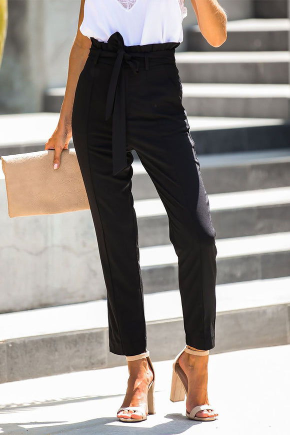 Black Casual Back to Work Straight Leg Pants with  Paperbag Waist