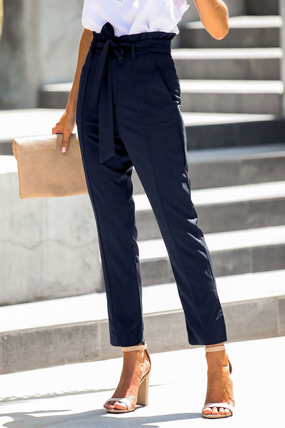 Blue Casual Back to Work Straight Leg Pants with  Paperbag Waist