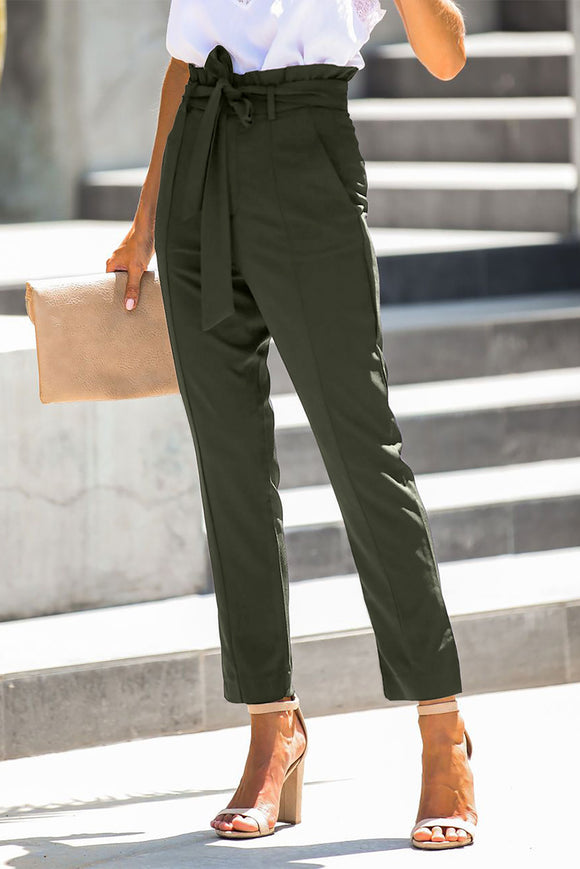 Green Casual Back to Work Straight Leg Pants with  Paperbag Waist