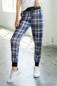 Red Jazz Plaid Print High Waisted Drawstring Jogger - Mystique-Online