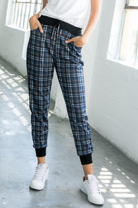 Blue Jazz Plaid Print High Waisted Drawstring Jogger - Mystique-Online