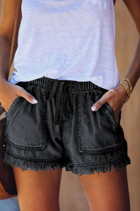 Black Fringed Denim Shorts - Mystique-Online