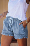 Sky Blue Fringed Denim Shorts - Mystique-Online