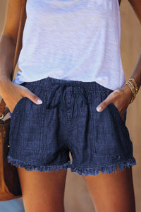 Dark Blue Fringed Denim Shorts - Mystique-Online