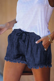 Dark Blue Fringed Denim Shorts - Mystique-Online