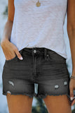 Black Ripped High Rise Denim Shorts with Pockets - Mystique-Online