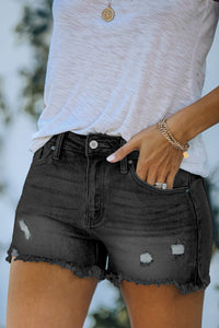 Black Ripped High Rise Denim Shorts with Pockets - Mystique-Online