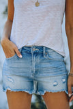 Light Blue Ripped High Rise Denim Shorts with Pockets - Mystique-Online