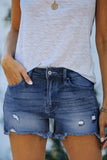 Dark Blue Ripped High Rise Denim Shorts with Pockets - Mystique-Online