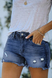 Dark Blue Ripped High Rise Denim Shorts with Pockets - Mystique-Online