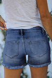 Dark Blue Ripped High Rise Denim Shorts with Pockets - Mystique-Online