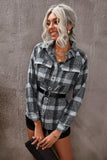 Grey Plaid Print Pocketed Shacket with Buttons