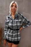 Grey Plaid Print Pocketed Shacket with Buttons