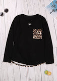 Long Sleeve Casual Pocket Style Animal Print Black Top - Mystique-Online