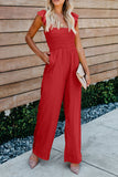 Red Stylish Smocked Waist Jumpsuit