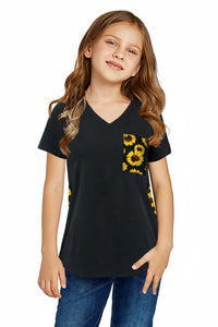 Girls Casual Sunflower Print Pocket Style T-Shirt Black